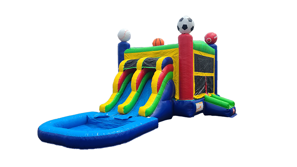 A colorful bouncy house with a football and basketball on top of it.