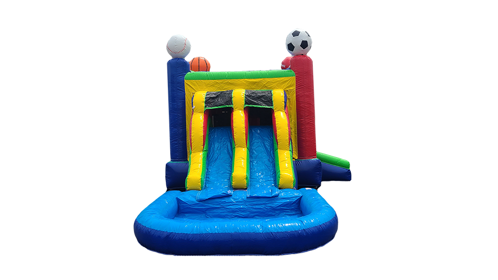 A bouncy house with a water slide and a soccer ball on top of it.
