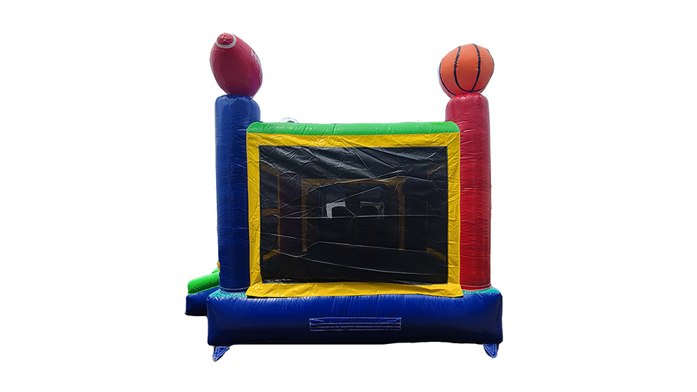 A colorful bouncy house with a football and basketball on top of it.