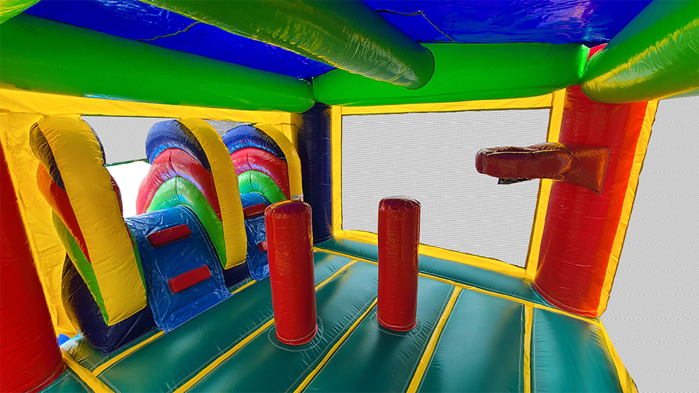 A colorful bouncy house with a basketball hoop in the middle of it.