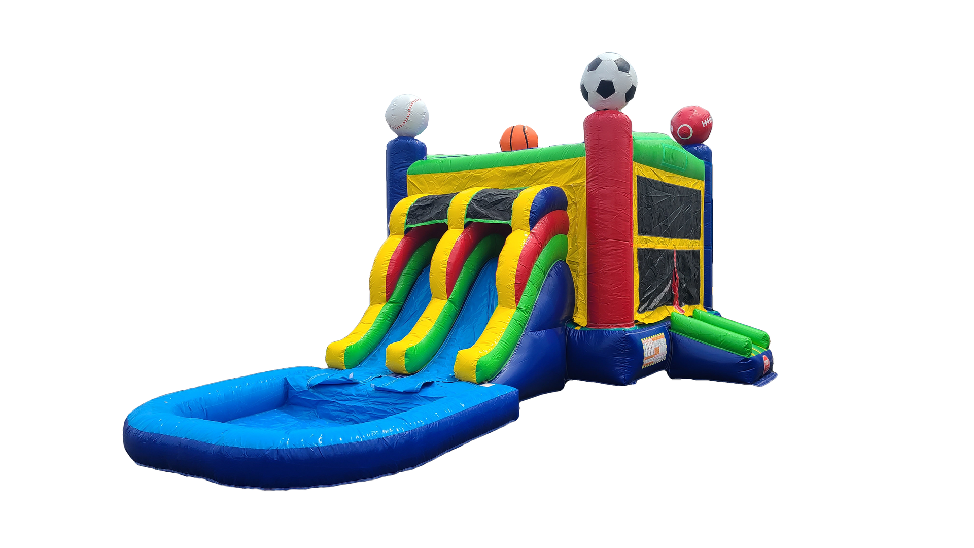 A colorful bouncy house with a water slide attached to it.