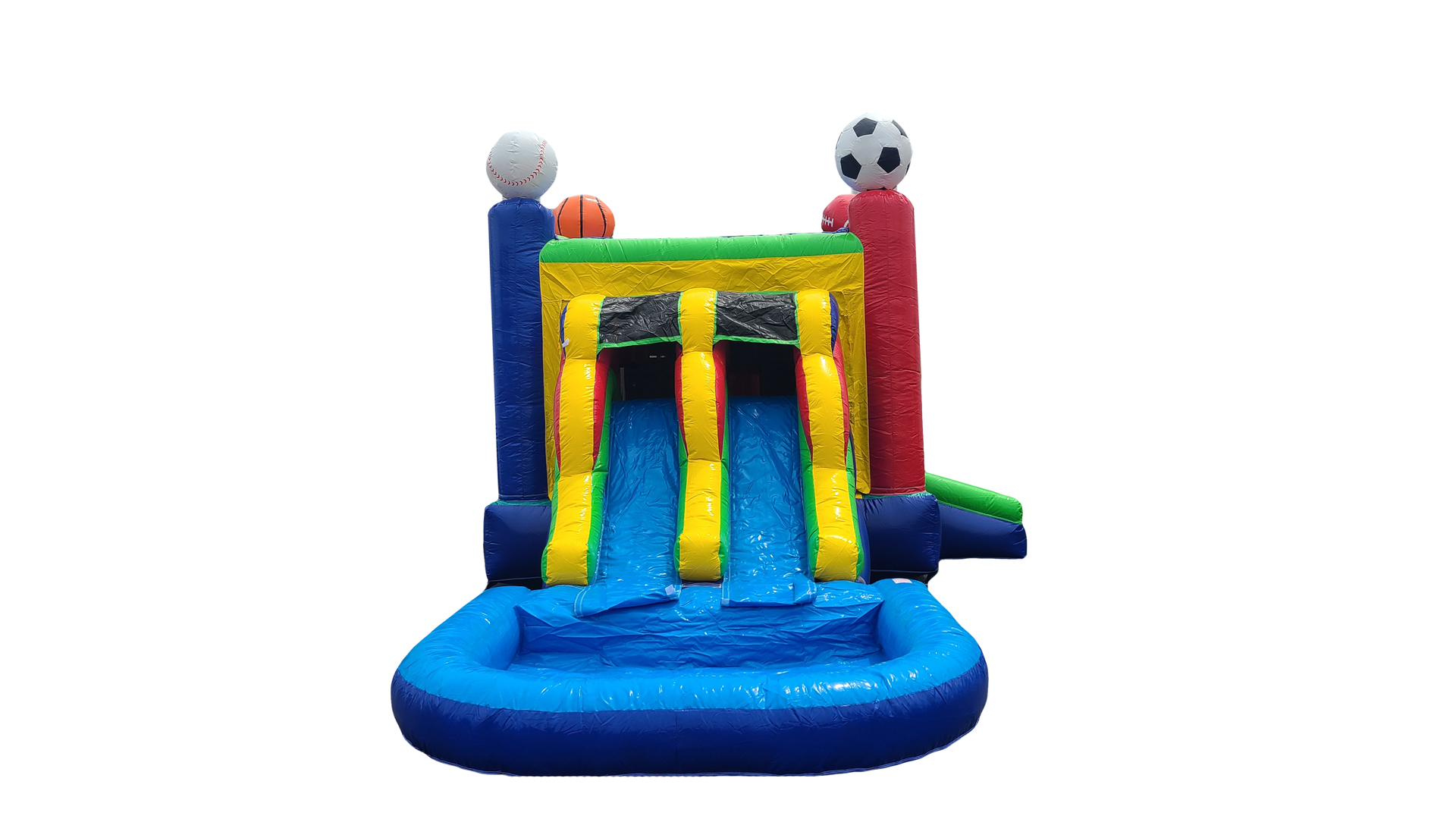 A bouncy house with a water slide and a soccer ball on top of it.