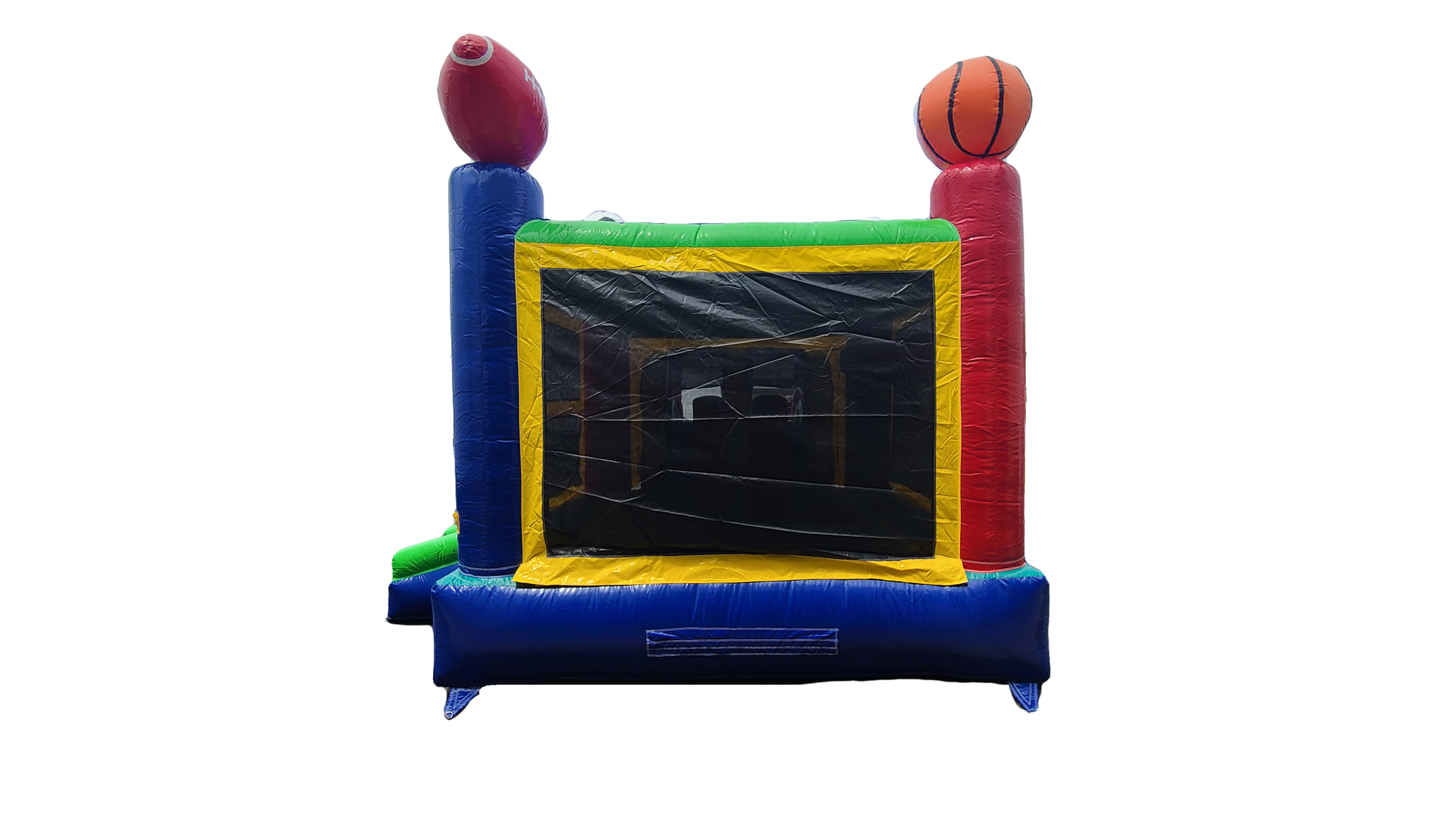 A colorful bouncy house with a basketball and a football on top.