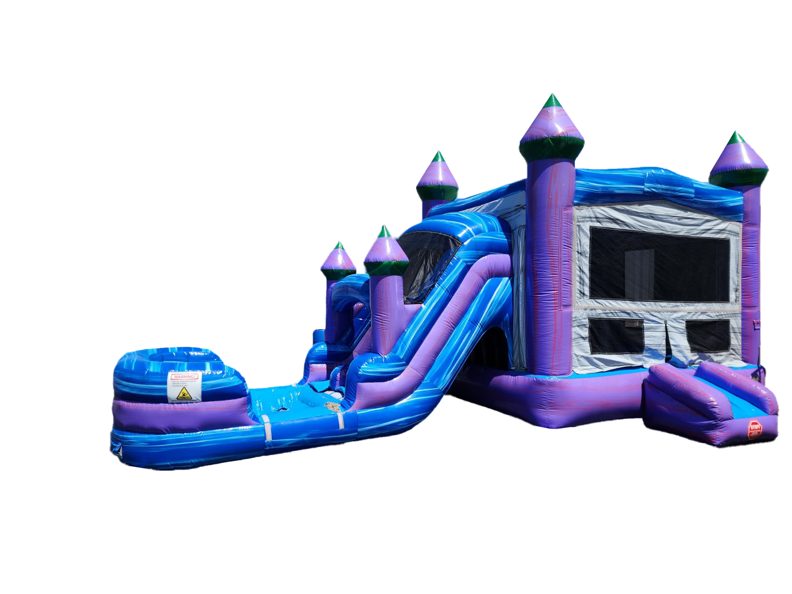 A purple and blue bouncy house with a water slide attached to it.