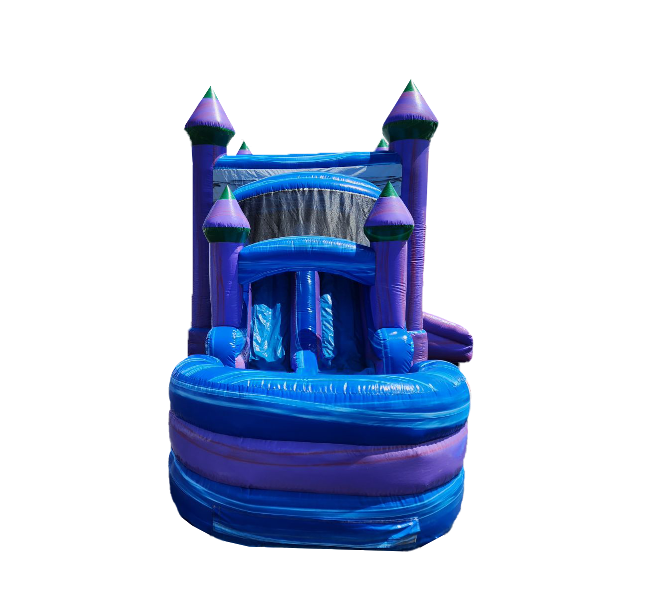 A purple and blue bouncy castle with a water slide attached to it.