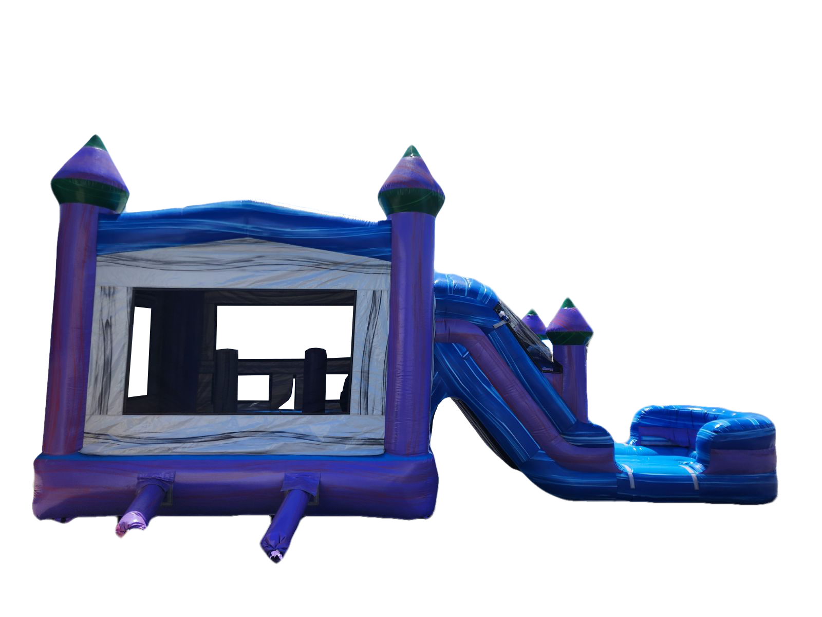 A good-looking purple and blue bouncy castle with a water slide attached to it.