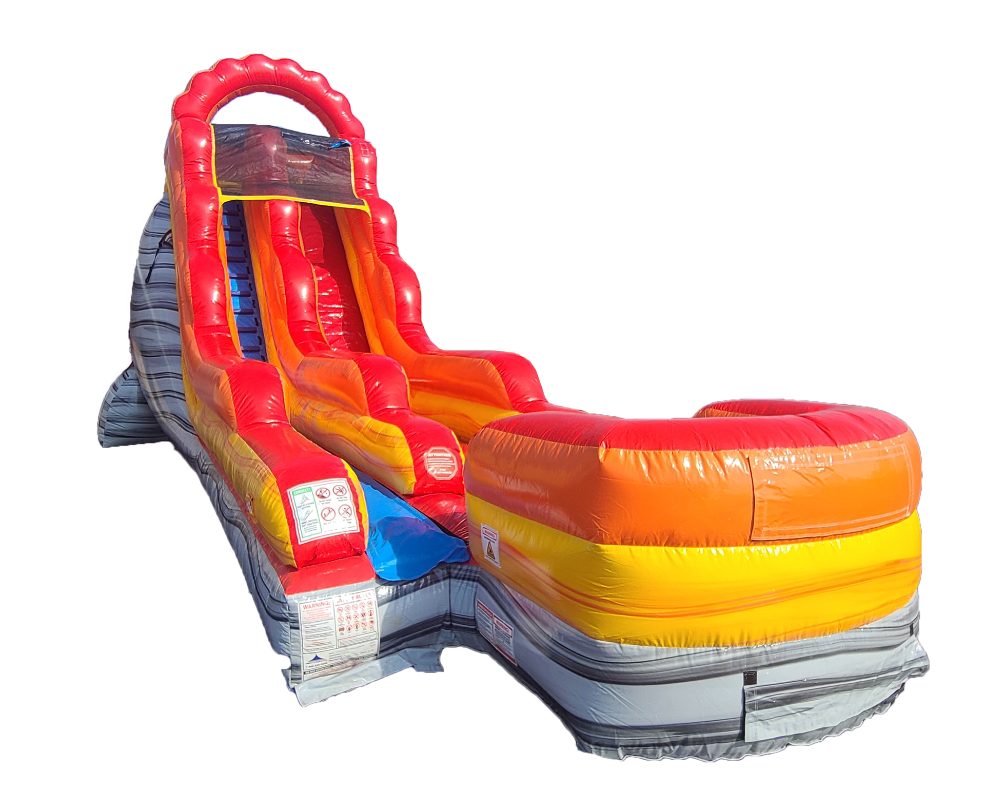 A red , yellow and blue inflatable water slide on a white background.