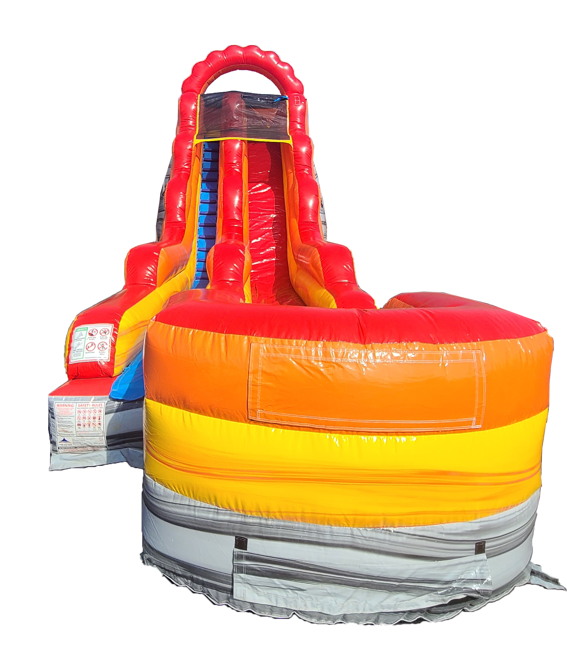 A red , yellow and blue inflatable water slide on a white background.