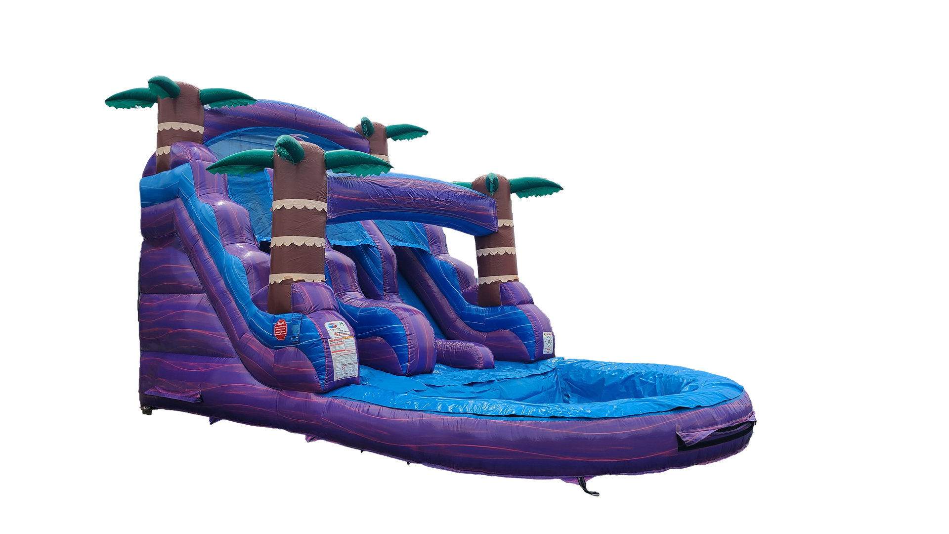 A purple inflatable water slide with palm trees on a white background.