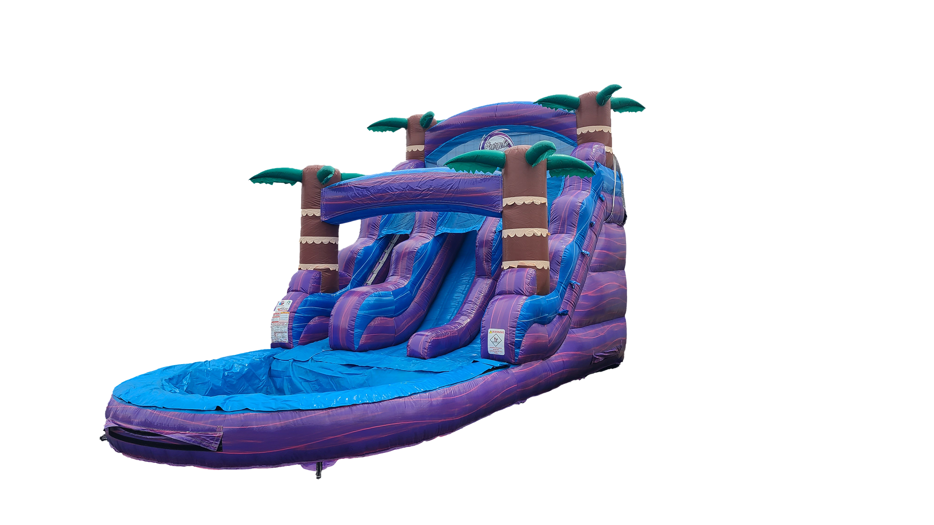 A purple inflatable water slide with palm trees on a white background.