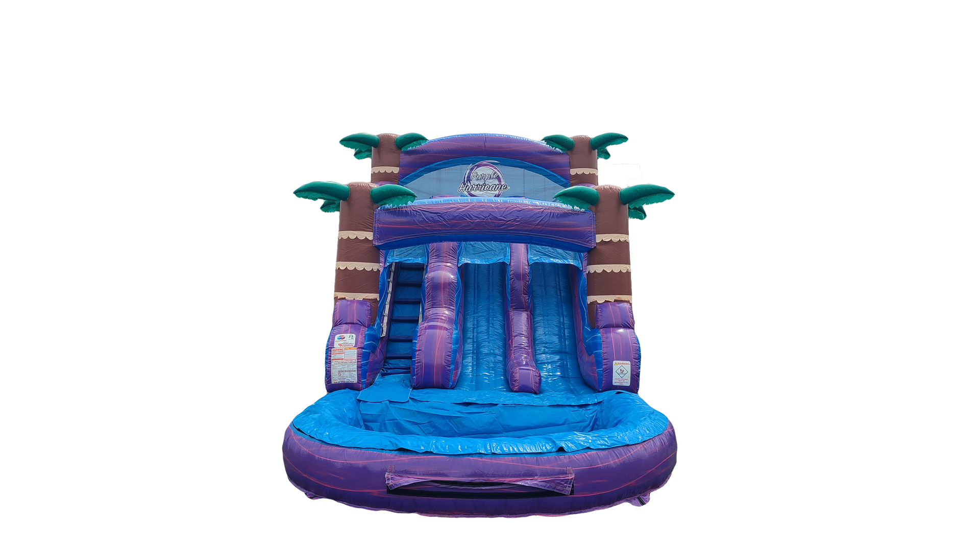 A purple and blue inflatable water slide with palm trees on a white background.