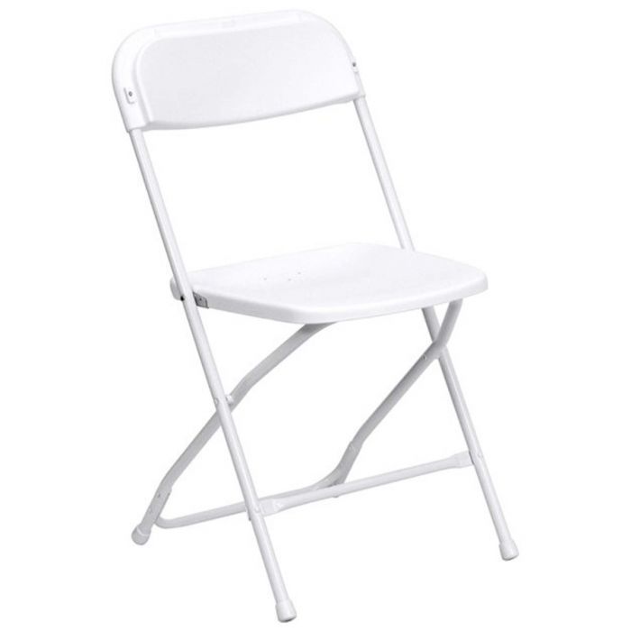 A white folding chair with a plastic seat and back on a white background.