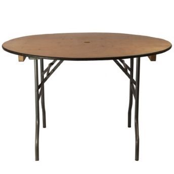 A round wooden table with metal legs on a white background