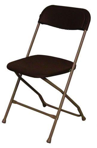 A black folding chair with a metal frame on a white background.