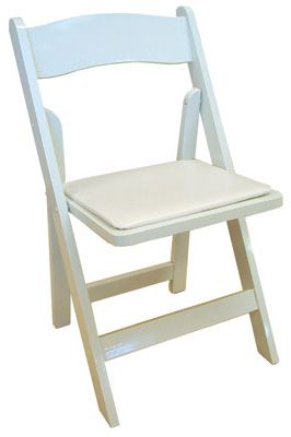 A white folding chair with a white cushion on a white background.