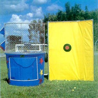 A blue dunk tank is sitting next to a yellow target.