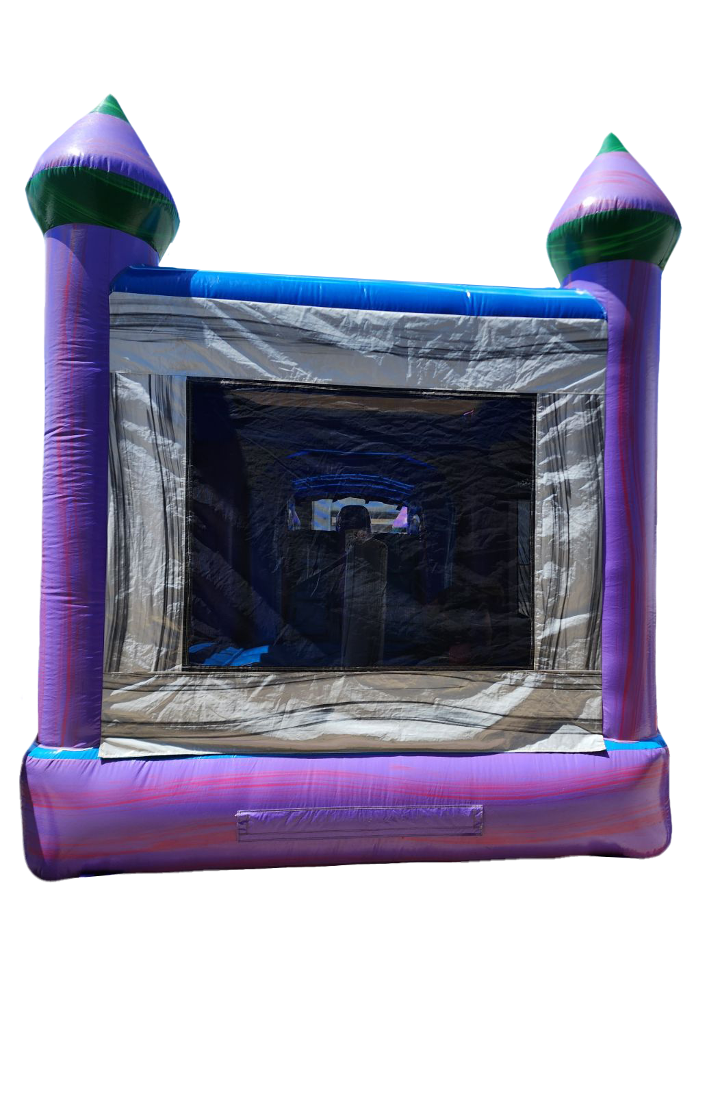 A purple and blue bouncy house with a green top on a white background.