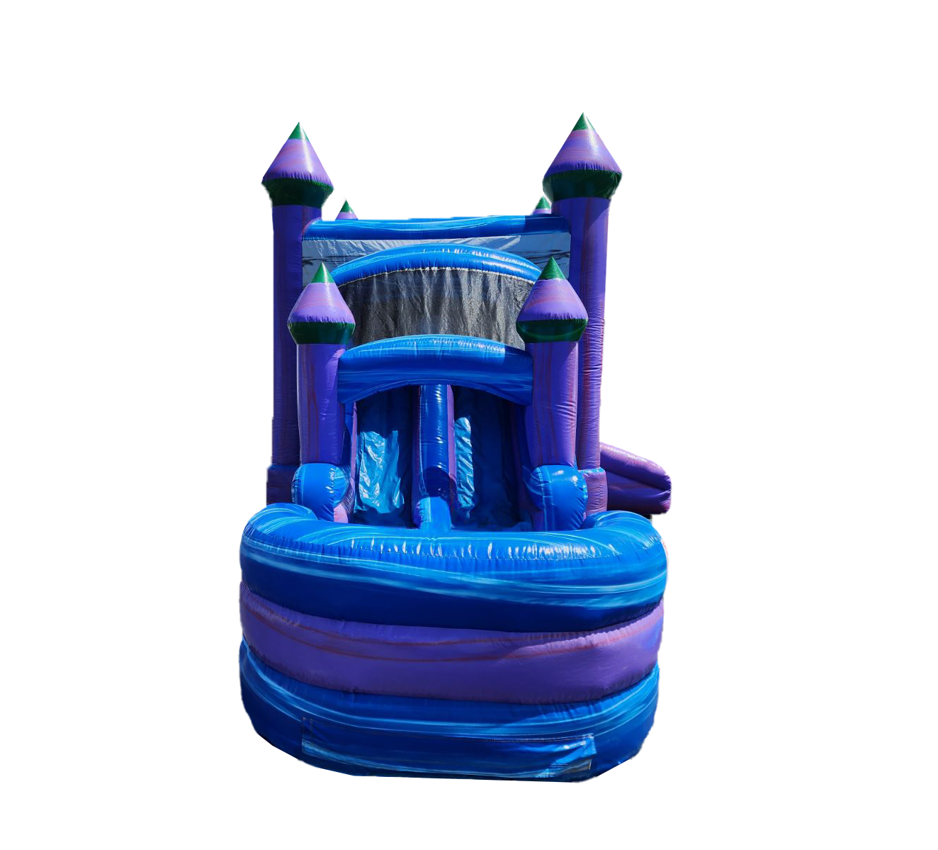 A purple and blue bouncy castle with a water slide attached to it.
