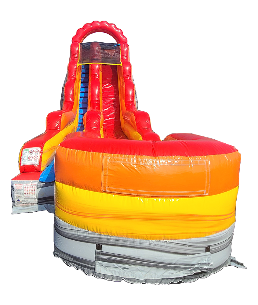 A red and yellow inflatable water slide is sitting on top of a white surface.