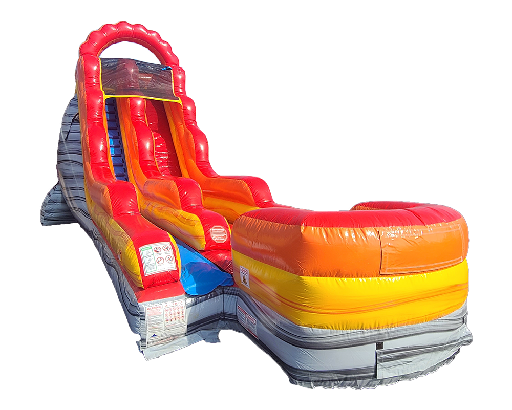 A red , yellow and blue inflatable water slide on a white background.