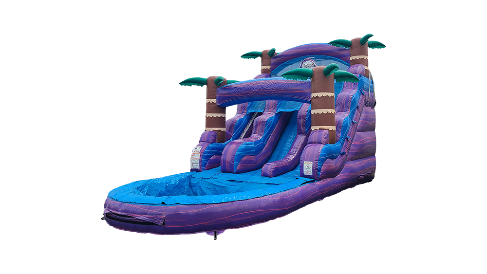A purple and blue inflatable water slide with palm trees on a white background.