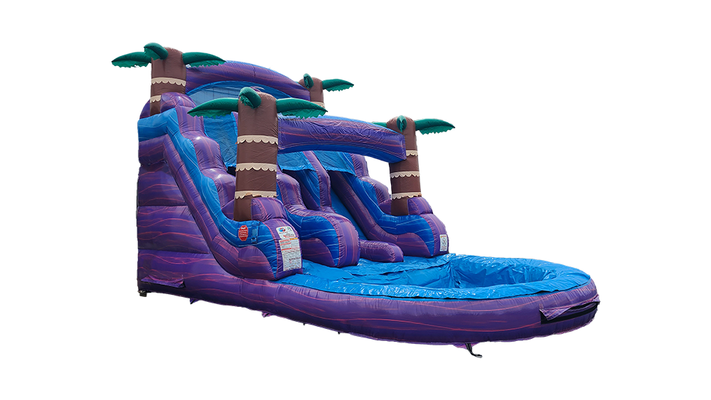 A purple and blue inflatable water slide with palm trees on a white background.