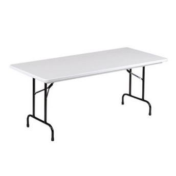 A white folding table with black legs on a white background.