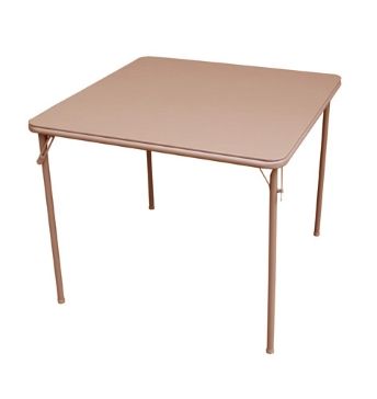 A pink folding table with metal legs on a white background