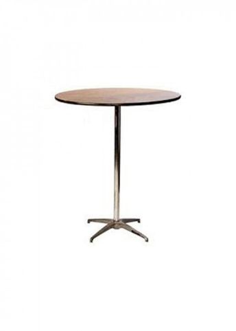 A round table with a metal base and a wooden top on a white background.