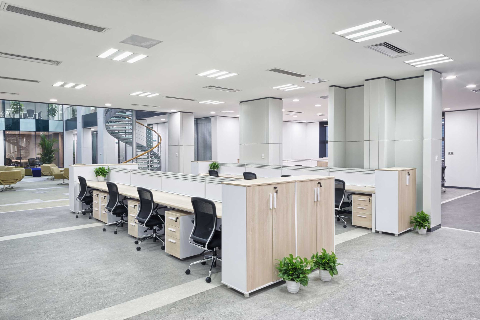 Modern open-plan office with desks, swivel chairs, computer monitors, and indoor plants