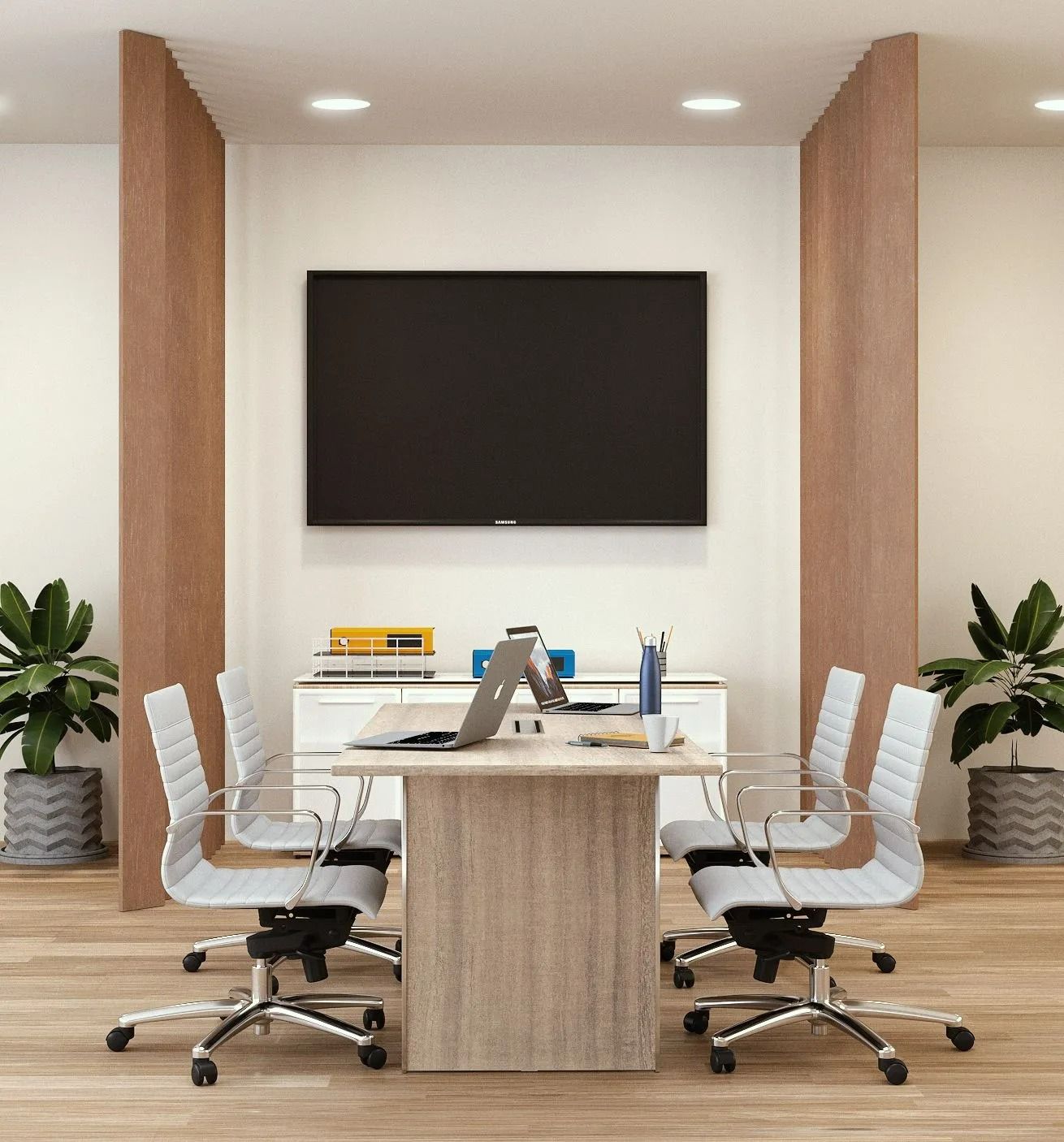Modern conference room with a wall-mounted TV, glass desk, and white swivel chairs