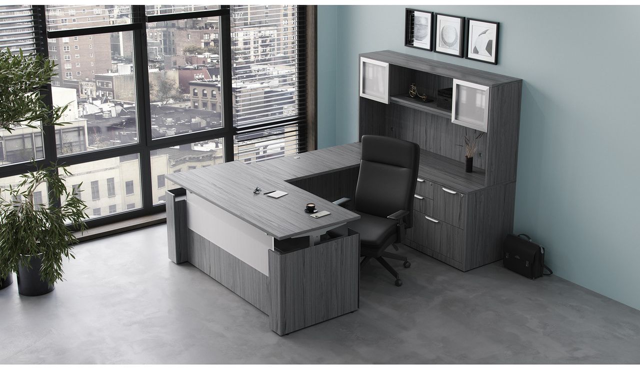 Modern office with black desk and chair, wall shelving, potted plant, and large window overlooking the city