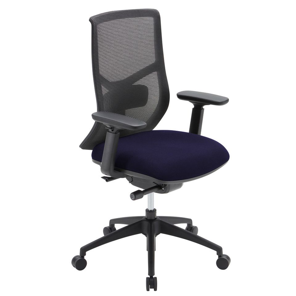 Black mesh office chair with navy seat cushion and wheeled five-star base