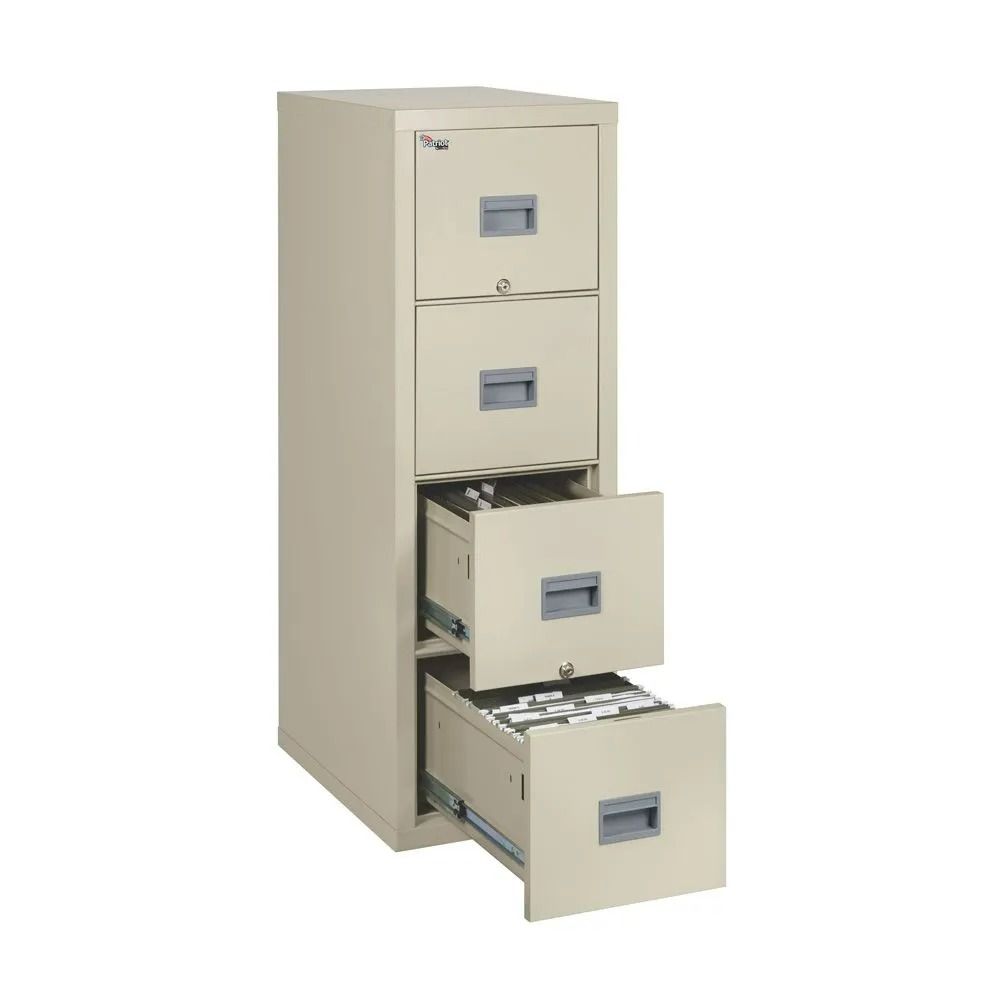 Beige four-drawer filing cabinet with two lower drawers open, isolated on white background