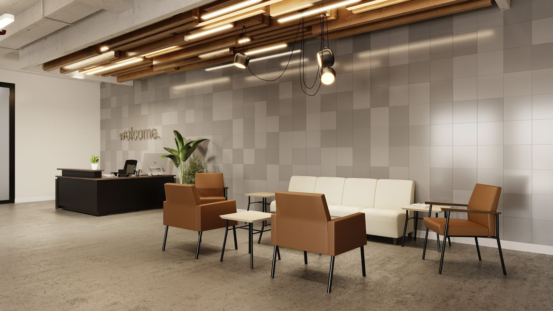 Modern lounge with white sofas, tan chairs, tables, and a reception desk under warm ceiling lights.