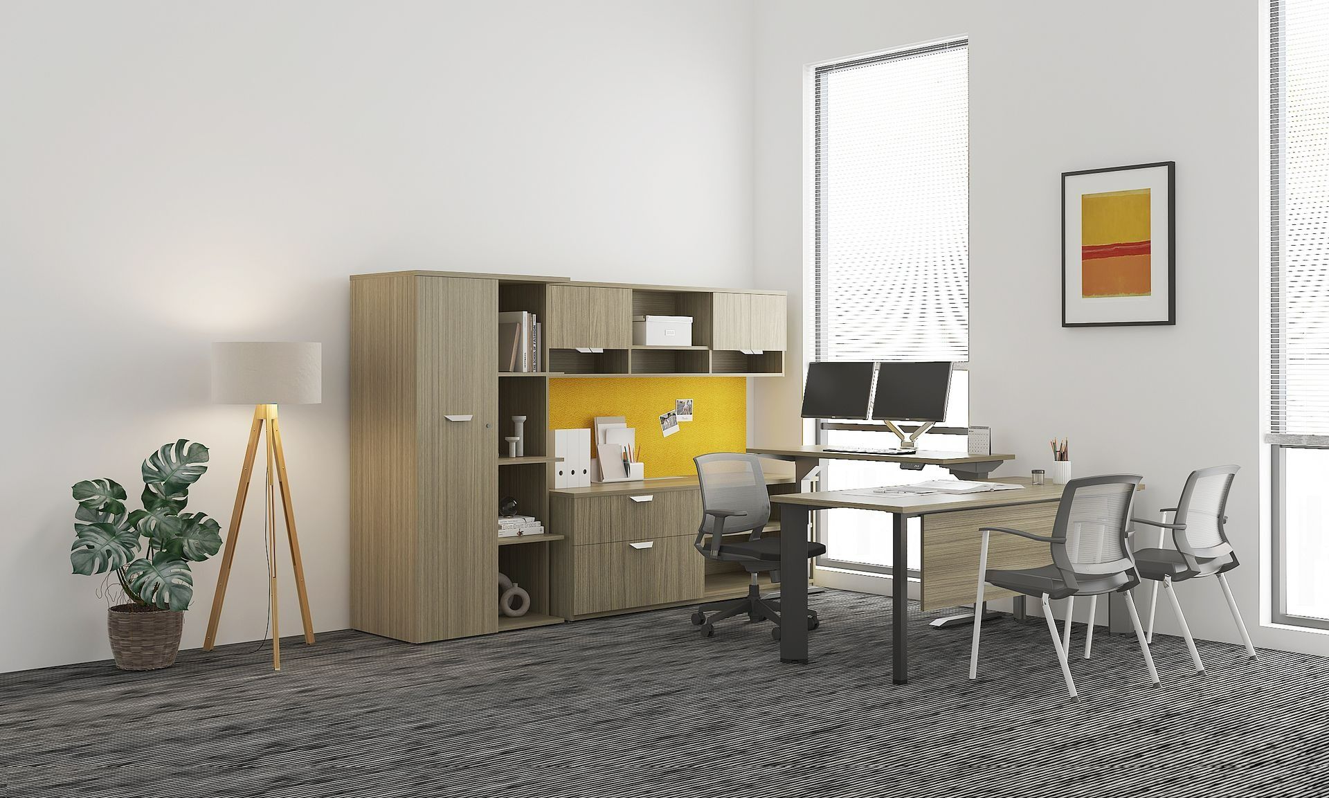Modern office interior with desks, chairs, cabinets, and a potted plant in a bright room