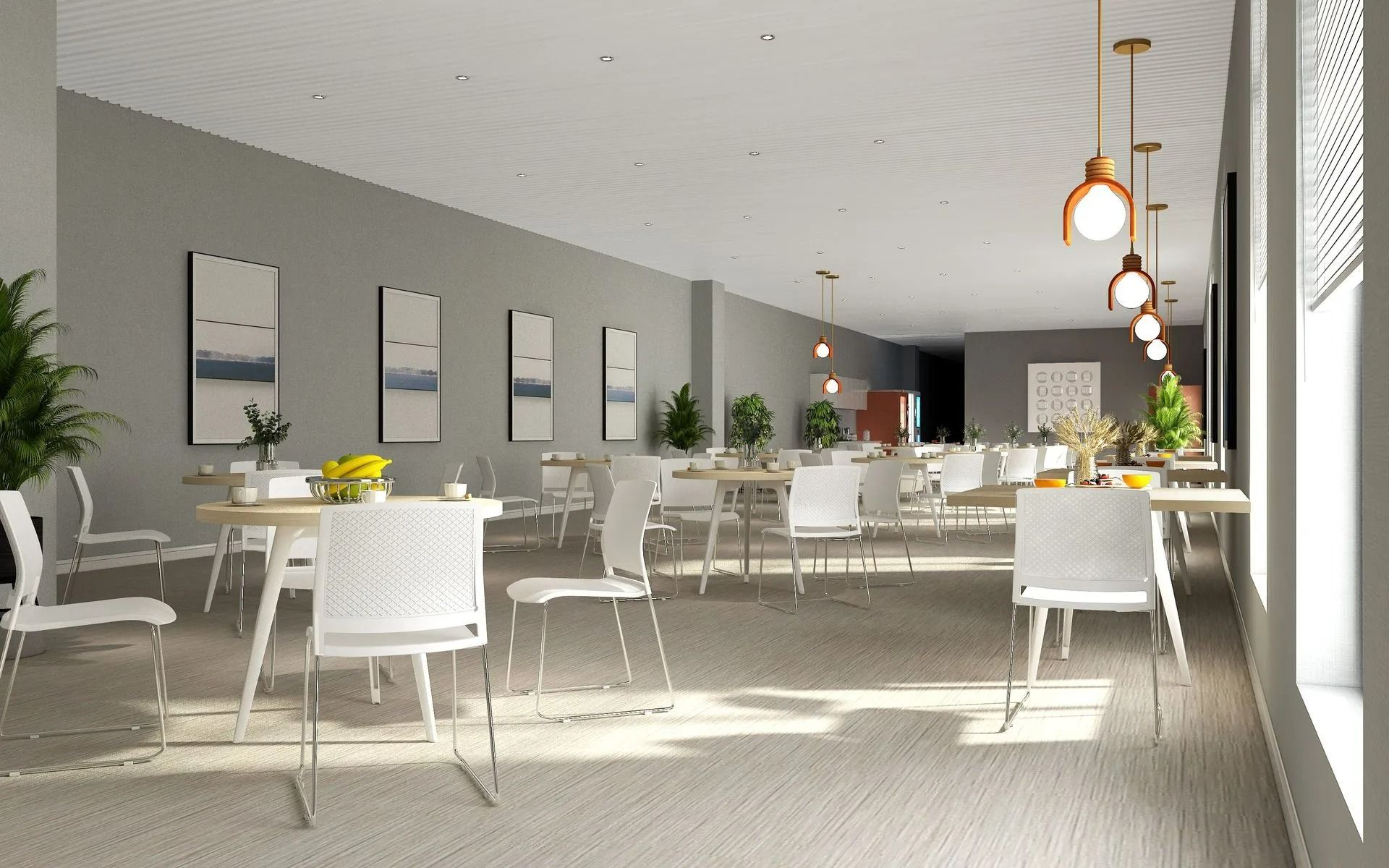Bright, minimalist café with white tables and chairs, large windows, and hanging pendant lights