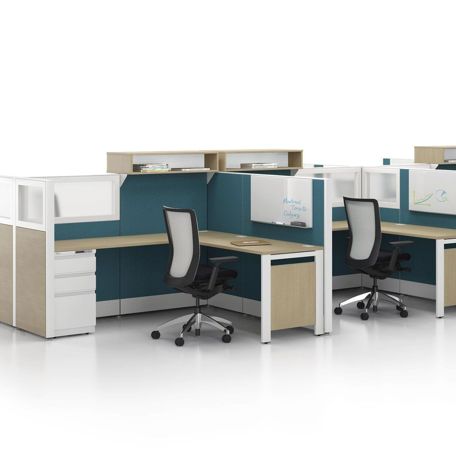 Modern office cubicles with teal panels, desks, swivel chairs, and file drawers