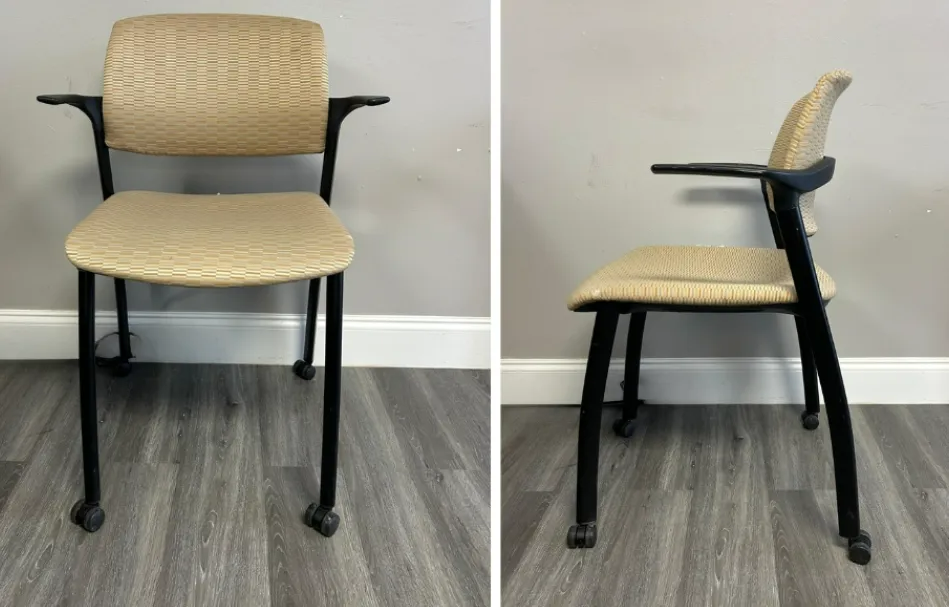 Side-by-side views of a tan woven chair with black metal legs on a gray wood floor.