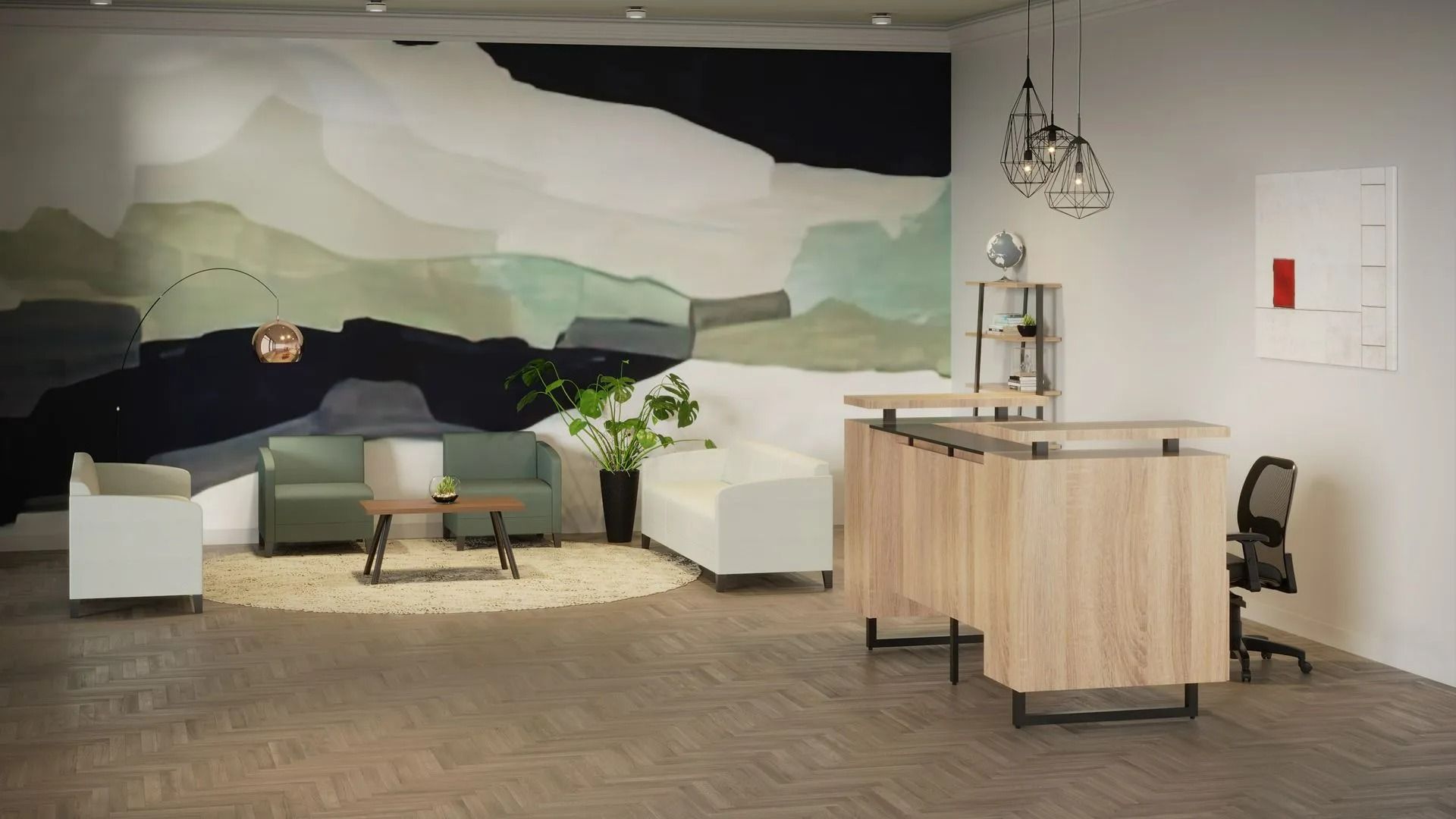 Modern waiting room with navy seating, white chairs, wood desk, and mural wall artwork
