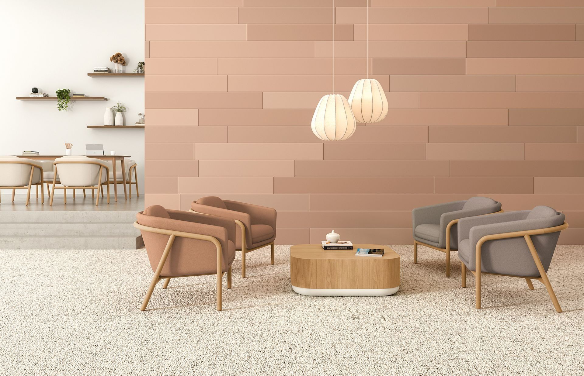 Modern lounge with brown and gray chairs, a low round table, woven pendant lights, and a warm wood wall