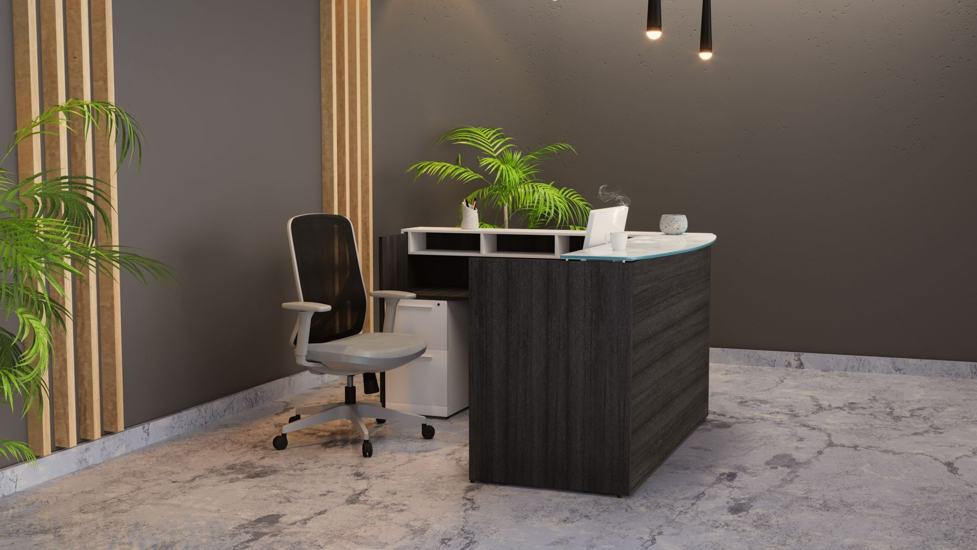 Modern office reception area with black desk, chair, plants, and pendant lights on a gray floor