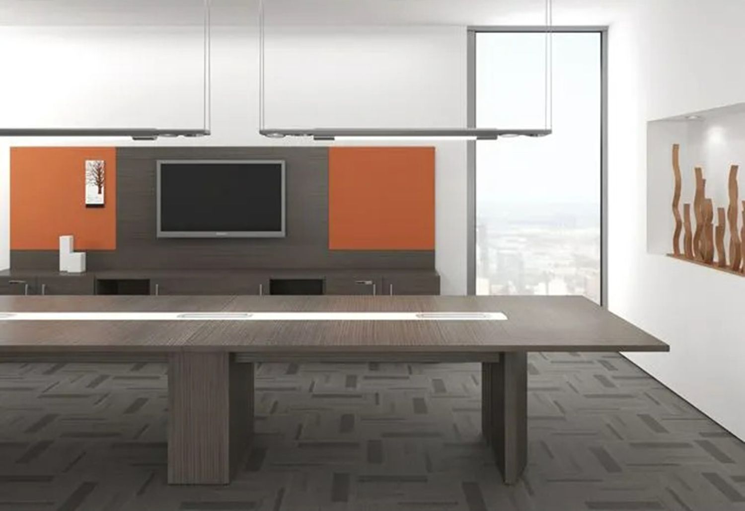 Modern conference room with large table, wall-mounted screen, orange panels, and floor-to-ceiling windows.