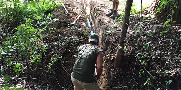 A man is digging in the woods with a shovel.