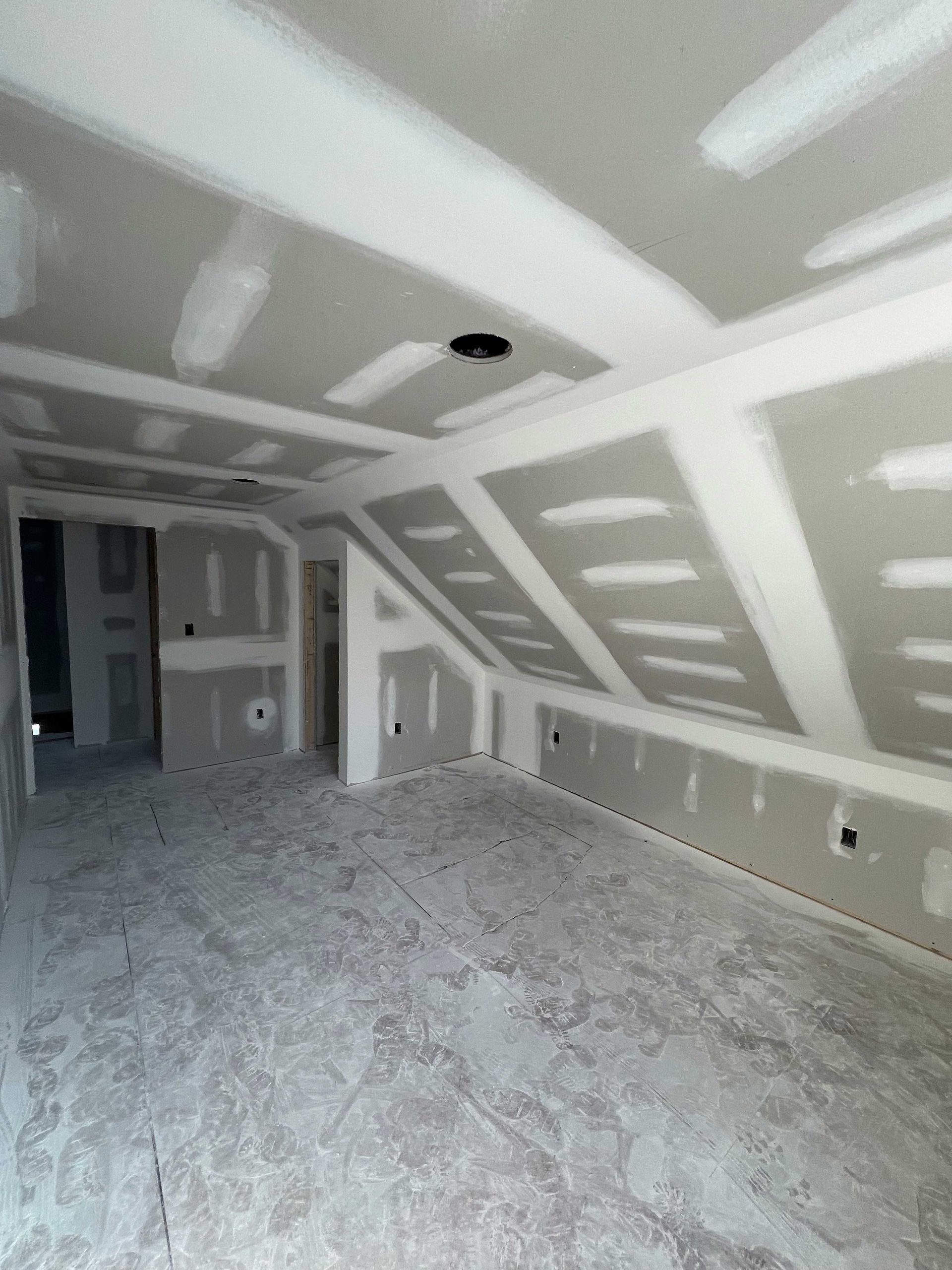 Unfinished room with drywall on walls and ceiling. Electrical outlets visible. Light-colored concrete floor.