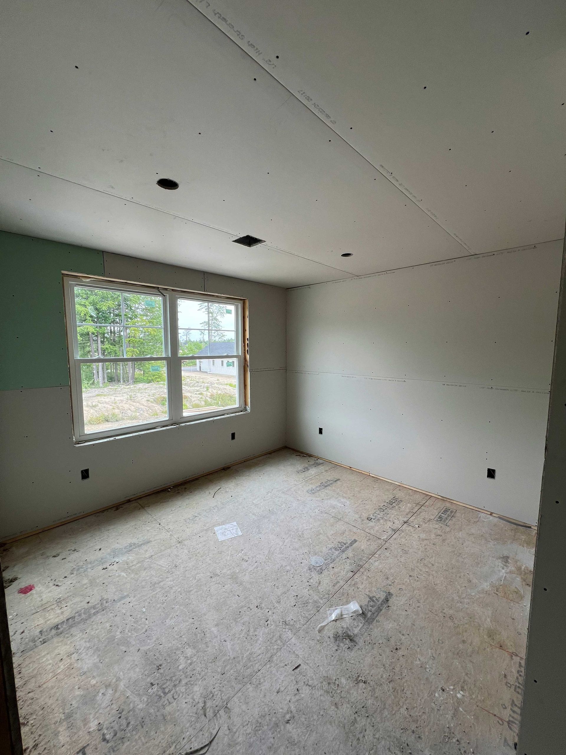 Unfinished room with drywall and a window. Walls are light gray, floor is rough, and the window has an outdoor view.