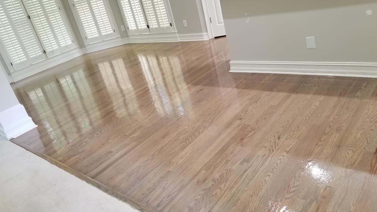 Shiny hardwood floor reflecting sunlight from a window, in an empty room with white molding.