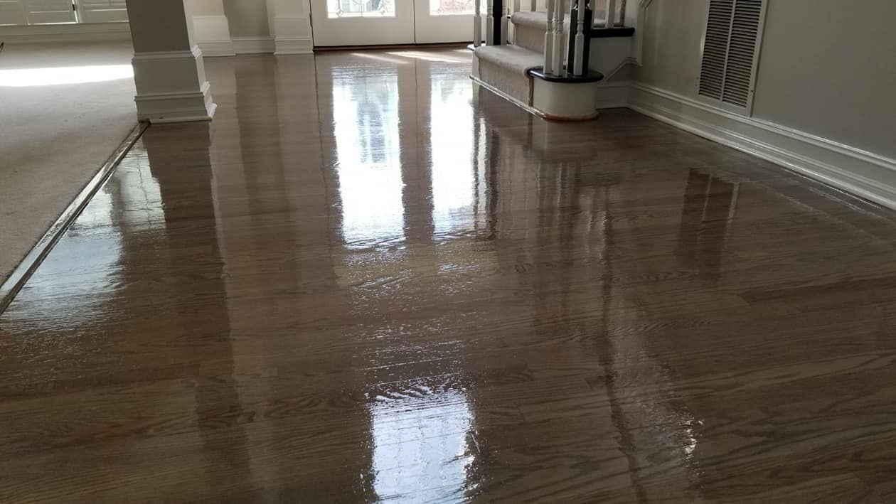 Reflective brown hardwood floor in a well-lit interior. Light reflects from windows creating highlights.