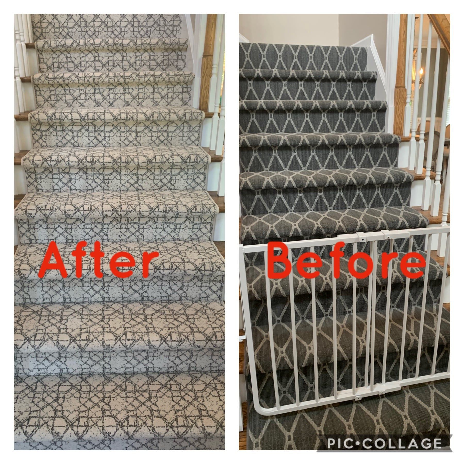 Comparison of stairs with carpet before and after renovation. The 
