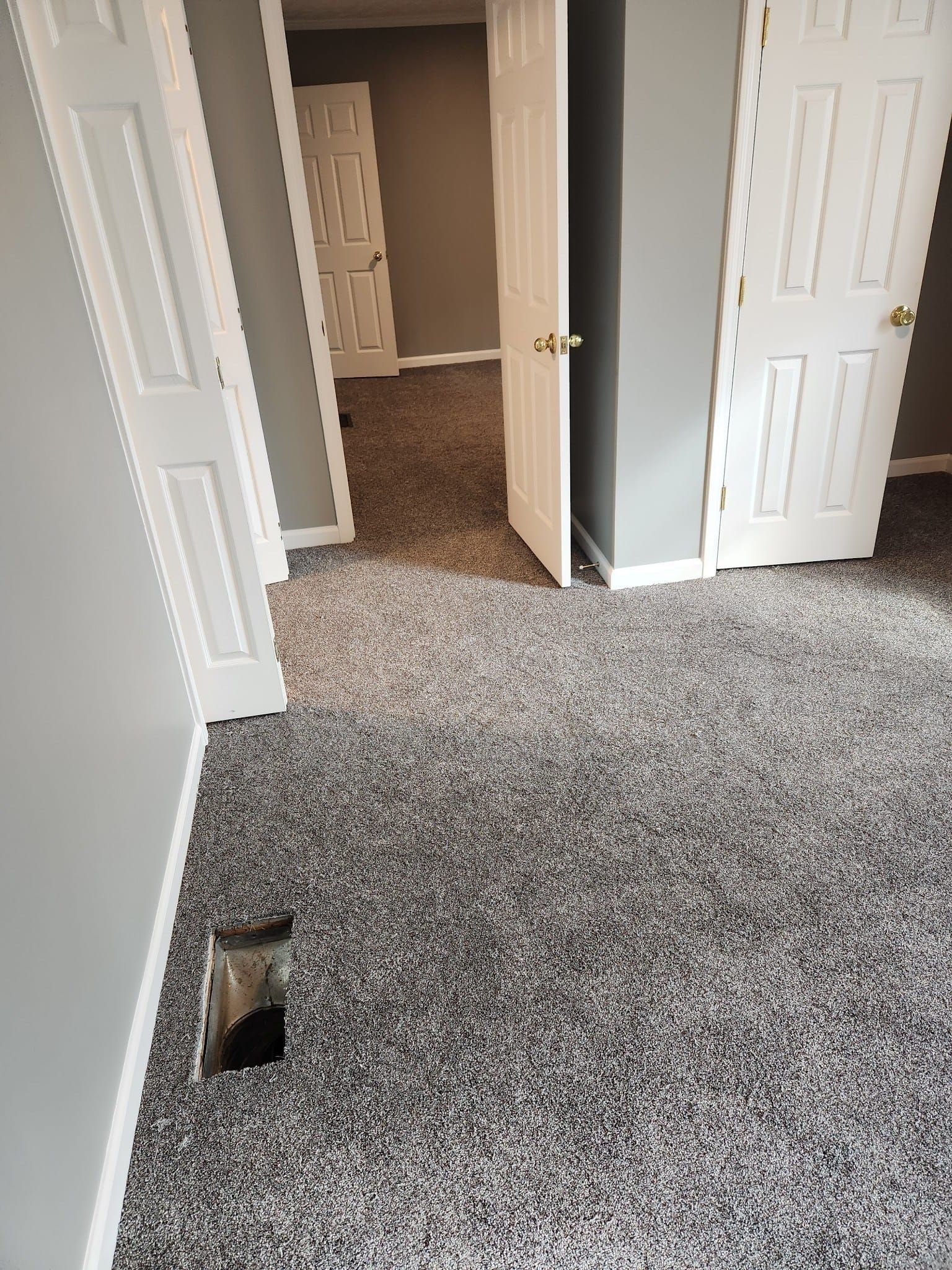 Room with gray walls, white doors, and speckled carpet. One door is open.